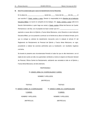 26 (Primera Sección) DIARIO OFICIAL Martes 31 de mayo de 2016
III. Acta Circunstanciada para casos de desistimiento de los Discentes.
En la plaza de ______________________, siendo las _____ horas del día _____ del año_____, el
que suscribe C. Grado, nombre y cargo, Director (o responsable) de la (Nombre de la Institución
Educativa Militar), se reunió en compañía de los testigos, CC. Grado, nombre y cargo (Jefe de la
Sección Administrativa o quien haga sus veces) y Grado, nombre (Oficial del Servicio de Cuartel,
Permanencia o de Día), con el propósito de hacer constar que el C. ________________________,
aspirante a causar alta en el Ejército y Fuerza Aérea Mexicanos, como Discente en esta Institución
Educativa Militar, ya no se presentó a continuar con el trámite de su alta en el Instituto Armado, por lo
que no entregó su solicitud de desistimiento manuscrita como lo estipula el artículo 51 del
Reglamento de Reclutamiento de Personal del Ejército y Fuerza Aérea Mexicanos, en vigor,
procediendo a realizar las acciones pertinentes para su localización, con resultados negativos
a la fecha.
Se levanta la presente acta circunstanciada firmando al calce los que en ella intervinieron, con el
objeto de dar cuenta con ella a la superioridad, remitiendo un tanto en original a la Dirección General
de Personal, Oficina Central de Reclutamiento, solicitando sea cancelada el alta en el Ejército y
Fuerza Aérea Mexicanos, de dicho elemento.
RESPONSABLE:
EL GRADO, ARMA, SV. O ESPECIALIDAD Y CARGO.
NOMBRE Y APELLIDOS.
(MATRÍCULA)
TESTIGO:
EL GRADO Y ARMA, SV. O ESPECIALIDAD
Y CARGO.
NOMBRE Y APELLIDOS.
(MATRÍCULA)
TESTIGO:
EL GRADO Y ARMA, SV. O ESPECIALIDAD
Y CARGO.
NOMBRE Y APELLIDOS.
(MATRÍCULA)
 