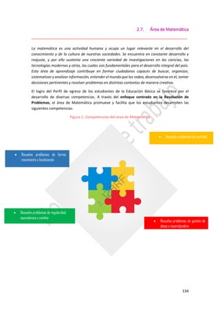 134
2.7. Área de Matemática
_____________________________________________________
La matemática es una actividad humana y ocupa un lugar relevante en el desarrollo del
conocimiento y de la cultura de nuestras sociedades. Se encuentra en constante desarrollo y
reajuste, y por ello sustenta una creciente variedad de investigaciones en las ciencias, las
tecnologías modernas y otras, las cuales son fundamentales para el desarrollo integral del país.
Esta área de aprendizaje contribuye en formar ciudadanos capaces de buscar, organizar,
sistematizar y analizar información, entender el mundo que los rodea, desenvolverse en él, tomar
decisiones pertinentes y resolver problemas en distintas contextos de manera creativa.
El logro del Perfil de egreso de los estudiantes de la Educación Básica se favorece por el
desarrollo de diversas competencias. A través del enfoque centrado en la Resolución de
Problemas, el área de Matemática promueve y facilita que los estudiantes desarrollen las
siguientes competencias:
Figura 1. Competencias del área de Matemática
 Resuelve problemas de cantidad
 Resuelve problemas de forma,
movimiento y localización
 Resuelve problemas de regularidad,
equivalencia y cambio
 Resuelve problemas de gestión de
datos e incertidumbre
 