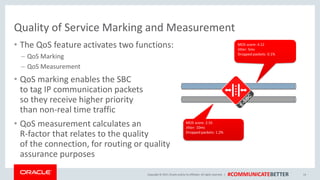 Copyright © 2017, Oracle and/orits affiliates. All rights reserved. | #COMMUNICATEBETTER
Quality of Service Marking and Measurement
• The QoS feature activates two functions:
– QoS Marking
– QoS Measurement
• QoS marking enables the SBC
to tag IP communication packets
so they receive higher priority
than non-real time traffic
• QoS measurement calculates an
R-factor that relates to the quality
of the connection, for routing or quality
assurance purposes
14
MOS score: 2.55
Jitter: 10ms
Dropped packets: 1.2%
MOS score: 4.12
Jitter: 5ms
Dropped packets: 0.1%
 