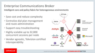 Copyright © 2017, Oracle and/orits affiliates. All rights reserved. | #COMMUNICATEBETTER
Enterprise Communications Broker
• Save cost and reduce complexity
• Centralize dial plan management
and route administration
• Support easy troubleshooting
• Highly scalable up to 32,000
concurrent sessions per node
• Vendor agnostic, Tekvizion certified
interoperability
Intelligent core and policy fabric for heterogeneous environments
Voicemail
Systems
Internet
SIP Trunks
ECB
CEBP
communication-enabled
business processes
 