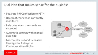 Copyright © 2017, Oracle and/orits affiliates. All rights reserved. | #COMMUNICATEBETTER
• Separate PRI Connection to PSTN
• Health of connection constantly
monitored
• Fails over when thresholds are
exceeded
• Automatic settings with manual
over ride
• For complex network scenarios
leverage the Enterprise
Communications Broker.
19
Dial Plan that makes sense for the business
 