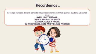 Recordemos …
El tiempo nunca se detiene, para ello utilizamos diferentes términos que nos ayudan a ubicarnos
en el:
AYER, HOY Y MAÑANA.
ANTES, AHORA Y DESPUÉS
MAÑANA, TARDE Y NOCHE
EL AÑO PASADO, ESTE AÑO Y EL AÑO PRÓXIMO
 