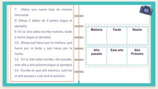 7. Utiliza una nueva hoja de manera
horizontal.
8. Dibuja 2 tablas de 3 partes (sigue el
ejemplo).
9. En la 1era tabla escribe mañana, tarde
y noche (sigue el ejemplo)
10. Dibuja qué haces por la mañana, qué
haces por la tarde y qué haces por la
noche.
12. En la 2da tabla escribe, año pasado,
este año y año próximo.(sigue el ejemplo)
13. Escribe en qué año estamos, cuál fue
el año pasado y cuál será el próximo.
Mañana Tarde Noche
Año
pasado
Este año Año
Próximo
 