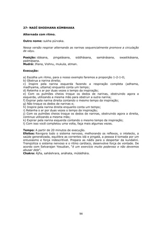 94
27- NADÍ SHODHANA KÚMBHAKA
Alternada com ritmo.
Outro nome: sukha púrvaka.
Nessa versão respirar alternando as narinas sequencialmente promove a circulação
de váyu.
Posição: idásana, pingalásana, siddhásana, samánásana, swastikásana,
padmásana.
Mudrá: Jñana, Vishnu, mukula, atman.
Execução:
a) Escolha um ritmo, para o nosso exemplo faremos a proporção 1-2-1-0;
b) Obstrua a narina direita;
c) Inspire pela narina esquerda fazendo a respiração completa (adhama,
madhyama, uttama) enquanto conta um tempo;
d) Retenha o ar por duas vezes o tempo da inspiração;
e) Com os pulmões cheios troque os dedos de narinas, obstruindo agora a
esquerda, utilizando a mesma mão para obstruir a outra narina;
f) Expirar pela narina direita contando o mesmo tempo da inspiração;
g) Não troque os dedos de narinas e;
h) Inspire pela narina direita enquanto conta um tempo;
i) Retenha o ar por duas vezes o tempo da inspiração;
j) Com os pulmões cheios troque os dedos de narinas, obstruindo agora a direita,
continue utilizando a mesma mão;
k) Expirar pela narina esquerda contando o mesmo tempo da inspiração;
l) Com isso você completou uma volta, faça mais algumas vezes.
Tempo: A partir de 20 minutos de execução.
Efeitos: Revigora todo o sistema nervoso, melhorando os reflexos, o intelecto, a
saúde generalizada, equilibra as correntes idá e pingalá, a pessoa é tomada por um
entusiasmo e força indescritível. Prepara as nádís para o despertar da kundaliní.
Tranqüiliza o sistema nervoso e o ritmo cardíaco, desenvolve força de vontade. De
acordo com Selvarajan Yesudian, “é um exercício muito poderoso e não devemos
abusar dele”.
Chakra: Ájña, saháshrara, anáhata, múládhára.
 