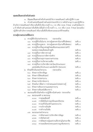 คุณสมบัติเฉพาะสาหรับตาแหน่ง
1. มีคุณสมบัติเฉพาะสาหรับตาแหน่งนักวิชาการคอมพิวเตอร์ ระดับปฏิบัติการ และ
2. ดารงตาแหน่งหรือเคยดารงตาแหน่งประเภทวิชาการ ระดับชานาญการ และปฏิบัติงาน
ด้านวิชาการคอมพิวเตอร์ หรืองานอื่นที่เกี่ยวข้อง ตามที่ ก.จ., ก.ท. หรือ ก.อบต. กาหนด มาแล้วไม่น้อยกว่า
4 ปี หรือดารงตาแหน่งอย่างอื่นที่เทียบได้ไม่ต่ากว่านี้ ตามที่ ก.จ., ก.ท. หรือ ก.อบต. กาหนด โดยจะต้อง
ปฏิบัติงานด้านวิชาการคอมพิวเตอร์ หรืองานอื่นที่เกี่ยวข้องตามระยะเวลาที่กาหนดด้วย
ความรู้ความสามารถที่ต้องการ
1. ความรู้ที่จาเป็นประจาสายงาน ประกอบด้วย
1.1 ความรู้ที่จาเป็นในงาน (ความรู้เฉพาะทางในงานที่รับผิดชอบ) ระดับ 3
1.2 ความรู้เรื่องกฎหมาย (ความรู้เฉพาะทางในงานที่รับผิดชอบ) ระดับ 3
1.3 ความรู้เรื่องปรัชญาเศรษฐกิจพอเพียงตามแนวพระราชดาริ
ของพระบาทสมเด็จพระเจ้าอยู่หัว ระดับ 2
1.4 ความรู้เรื่องการจัดการความรู้ ระดับ 3
1.5 ความรู้เรื่องระบบการจัดการองค์กร ระดับ 2
1.6 ความรู้เรื่องงานธุรการและงานสารบรรณ ระดับ 2
1.7 ความรู้เรื่องการบริหารความเสี่ยง ระดับ 3
1.8 ความรู้เรื่องการบริหารจัดการฮาร์ดแวร์(Hardware)
และซอฟต์แวร์(Software) และเน็ตเวิร์ก (Network) ระดับ 4
2. ทักษะที่จาเป็นประจาสายงาน ประกอบด้วย
2.1 ทักษะการบริหารข้อมูล ระดับ 4
2.2 ทักษะการใช้คอมพิวเตอร์ ระดับ 4
2.3 ทักษะการประสานงาน ระดับ 3
2.4 ทักษะการบริหารโครงการ ระดับ 3
2.5 ทักษะในการสื่อสาร การนาเสนอและถ่ายทอดความรู้ ระดับ 3
2.6 ทักษะการเขียนรายงานและสรุปรายงาน ระดับ 3
2.7 ทักษะการเขียนหนังสือราชการ ระดับ 3
3. สมรรถนะที่จาเป็นสาหรับการปฏิบัติงานในตาแหน่ง ประกอบด้วย
3.1 สมรรถนะหลัก 5 สมรรถนะ
3.1.1 การมุ่งผลสัมฤทธิ์ ระดับ 3
3.1.2 การยึดมั่นในความถูกต้องและจริยธรรม ระดับ 3
3.1.3 ความเข้าใจในองค์กรและระบบงาน ระดับ 3
3.1.4 การบริการเป็นเลิศ ระดับ 3
3.1.5 การทางานเป็นทีม ระดับ 3
3.2 สมรรถนะประจาสายงาน
3.2.1 การค้นหาและการบริหารจัดการข้อมูล ระดับ 4
3.2.2 การคิดวิเคราะห์ ระดับ 3
3.2.3 การสั่งสมความรู้และความเชียวชาญในสายอาชีพ ระดับ 3
3.2.4 ความละเอียดรอบคอบและความถูกต้องของงาน ระดับ 3
 