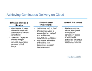 Achieving Continuous Delivery on Cloud
Infrastructure as a
Service
•  Combination of base
virtual machines and
automation to achieve
consistency
•  Spectrum: Deploy as
minimal image +
complete automation
or snapshot built
image
Container-based
Deployments
•  Neither true IaaS or PaaS
•  Offers unique value to
standardize key parts of
your architecture
•  Easy to build and deploy
•  May require a different
architecture and
deployment approach
than you’re used
Platform as a Service
•  Platform provides
simple deployment
methods and
consistency across
environments
•  Extensible for various
application runtimes
 