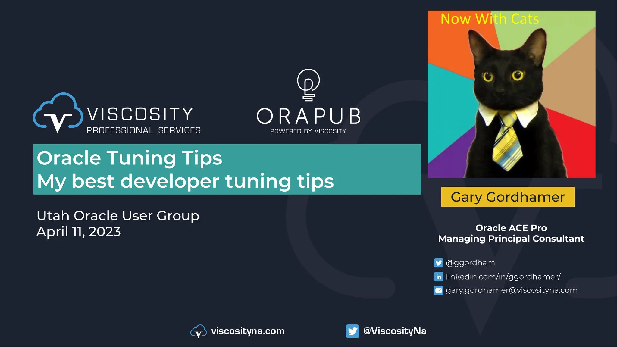 Gary Gordhamer
Oracle ACE Pro
Managing Principal Consultant
W @ggordham
W linkedin.com/in/ggordhamer/
W gary.gordhamer@viscosityna.com
Oracle Tuning Tips
My best developer tuning tips
Utah Oracle User Group
April 11, 2023
Now With Cats
 