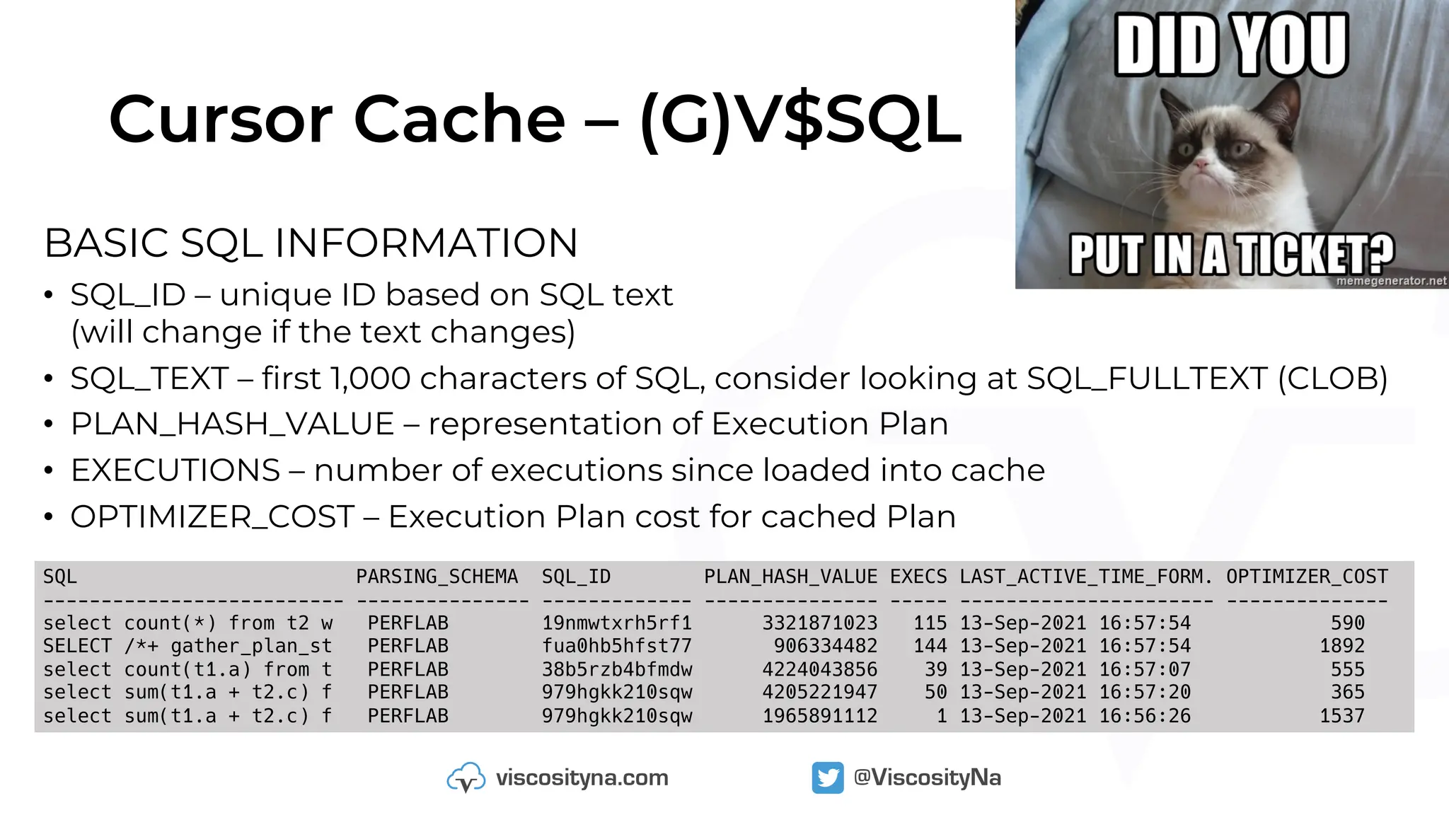 Cursor Cache – (G)V$SQL
BASIC SQL INFORMATION
• SQL_ID – unique ID based on SQL text
(will change if the text changes)
• SQL_TEXT – first 1,000 characters of SQL, consider looking at SQL_FULLTEXT (CLOB)
• PLAN_HASH_VALUE – representation of Execution Plan
• EXECUTIONS – number of executions since loaded into cache
• OPTIMIZER_COST – Execution Plan cost for cached Plan
SQL PARSING_SCHEMA SQL_ID PLAN_HASH_VALUE EXECS LAST_ACTIVE_TIME_FORM. OPTIMIZER_COST
-------------------------- --------------- ------------- --------------- ----- ---------------------- --------------
select count(*) from t2 w PERFLAB 19nmwtxrh5rf1 3321871023 115 13-Sep-2021 16:57:54 590
SELECT /*+ gather_plan_st PERFLAB fua0hb5hfst77 906334482 144 13-Sep-2021 16:57:54 1892
select count(t1.a) from t PERFLAB 38b5rzb4bfmdw 4224043856 39 13-Sep-2021 16:57:07 555
select sum(t1.a + t2.c) f PERFLAB 979hgkk210sqw 4205221947 50 13-Sep-2021 16:57:20 365
select sum(t1.a + t2.c) f PERFLAB 979hgkk210sqw 1965891112 1 13-Sep-2021 16:56:26 1537
 