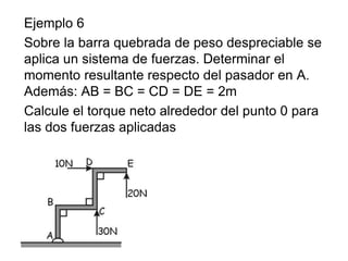 Ejemplo 6
Sobre la barra quebrada de peso despreciable se
aplica un sistema de fuerzas. Determinar el
momento resultante respecto del pasador en A.
Además: AB = BC = CD = DE = 2m
Calcule el torque neto alrededor del punto 0 para
las dos fuerzas aplicadas
 