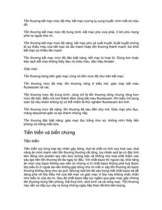 Tổn thương kết mạc mức độ nhẹ: kết mạc cương tụ xung huyết, nhìn mắt có màu
đỏ.
Tổn thương kết mạc mức độ trung bình: kết mạc phù vừa phải, ít khi phù mọng
phòi ra ngoài khe mi.
Tổn thương kết mạc mức độ nặng: kết mạc phù và xuất huyết. Xuất huyết chứng
tỏ sự thiếu máu của kết mạc do tắc mạch hoặc tổn thương thành mạch, lúc khỏi
kết mạc có nhiều tân mạch.
Tổn thương kết mạc mức độ đặc biệt nặng: kết mạc bị hoại tử. Dùng kim hoặc
kéo rạch kết mạc không thấy đau và chảy máu, dấu hiệu Amsler.
Giác mạc
Tổn thương bỏng trên giác mạc cũng có bốn mức độ như trên kết mạc:
Tổn thương mức độ nhẹ: tổn thương nông ở biểu mô, giác mạc bắt màu
fluorescein rải rác.
Tổn thương mức độ trung bình: cũng chỉ là tổn thương nông nhưng rộng hơn
mức độ trên. Biểu mô trợt thành đám rộng bắt màu fluorescein. Khi biểu mô bong
toàn bộ nếu khám không kỹ có thể nhầm là thử nghiệm fluorescein âm tính.
Tổn thương mức độ nặng: tổn thương đã sâu đến nhu mô. Giác mạc phù đục,
màng descemet giãn ra tạo thành những nếp.
Tổn thương đặc biệt nặng: giác mạc đục trắng như sứ, không nhìn thấy tiền
phòng và mống mắt nữa.
Tiến triển và biến chứng
Tiến triển
Tiến triển tuỳ từng loại tác nhân gây bỏng. Axít là chất có tính oxy hoá cao, khả
năng ăn mòn mạnh nên tổn thương thường rất rộng, tuy nhiên axít lại có đặc tính
làm đông vón protein tạo nên bức tường bảo vệ không cho hoá chất thấm vào
sâu tạo nên tổn thương tối đa ngay từ đầu. Với chất bazơ thì ngược lại, khả năng
ăn mòn của bazơ không cao nên có những vị trí chất bazơ không phá huỷ được
lớp biểu bì ở ngoài da nên không gây bỏng cho mi mắt vì vậy tổn thương do bazơ
thường không rộng như do axít. Nhưng một khi đã vào trong mắt chất bazơ sẽ dễ
dàng phá vỡ lớp biểu mô của kết mạc và giác mạc vì lớp này không chắc chắn
như biểu bì của da mi. Sau đó chất bazơ tiếp tục ngấm qua giác mạc gây những
tổn thương trong tiền phòng, thể thuỷ tinh, dịch kính và cả võng mạc. Tổn thương
này vẫn cứ tiếp tục xảy ra trong những ngày tiếp theo rất khó tiên lượng.
 