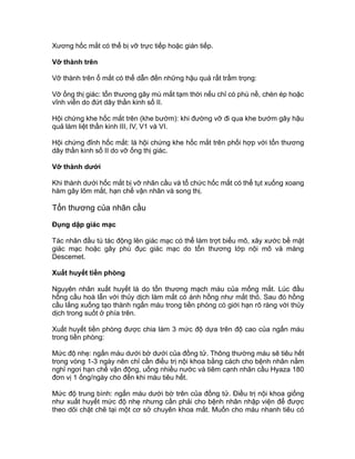 Xương hốc mắt có thể bị vỡ trực tiếp hoặc gián tiếp.
Vỡ thành trên
Vỡ thành trên ổ mắt có thể dẫn đến những hậu quả rất trầm trọng:
Vỡ ống thị giác: tổn thương gây mù mắt tạm thời nếu chỉ có phù nề, chèn ép hoặc
vĩnh viễn do đứt dây thần kinh số II.
Hội chứng khe hốc mắt trên (khe bướm): khi đường vỡ đi qua khe bướm gây hậu
quả làm liệt thần kinh III, IV, V1 và VI.
Hội chứng đỉnh hốc mắt: là hội chứng khe hốc mắt trên phối hợp với tổn thương
dây thần kinh số II do vỡ ống thị giác.
Vỡ thành dưới
Khi thành dưới hốc mắt bị vỡ nhãn cầu và tổ chức hốc mắt có thể tụt xuống xoang
hàm gây lõm mắt, hạn chế vận nhãn và song thị.
Tổn thương của nhãn cầu
Đụng dập giác mạc
Tác nhân đầu tù tác động lên giác mạc có thể làm trợt biểu mô, xây xước bề mặt
giác mạc hoặc gây phù đục giác mạc do tổn thương lớp nội mô và màng
Descemet.
Xuất huyết tiền phòng
Nguyên nhân xuất huyết là do tổn thương mạch máu của mống mắt. Lúc đầu
hồng cầu hoà lẫn với thủy dịch làm mắt có ánh hồng như mắt thỏ. Sau đó hồng
cầu lắng xuống tạo thành ngấn máu trong tiền phòng có giới hạn rõ ràng với thủy
dịch trong suốt ở phía trên.
Xuất huyết tiền phòng được chia làm 3 mức độ dựa trên độ cao của ngấn máu
trong tiền phòng:
Mức độ nhẹ: ngấn máu dưới bờ dưới của đồng tử. Thông thường máu sẽ tiêu hết
trong vòng 1-3 ngày nên chỉ cần điều trị nội khoa bằng cách cho bệnh nhân nằm
nghỉ ngơi hạn chế vận động, uống nhiều nước và tiêm cạnh nhãn cầu Hyaza 180
đơn vị 1 ống/ngày cho đến khi máu tiêu hết.
Mức độ trung bình: ngấn máu dưới bờ trên của đồng tử. Điều trị nội khoa giống
như xuất huyết mức độ nhẹ nhưng cần phải cho bệnh nhân nhập viện để được
theo dõi chặt chẽ tại một cơ sở chuyên khoa mắt. Muốn cho máu nhanh tiêu có
 