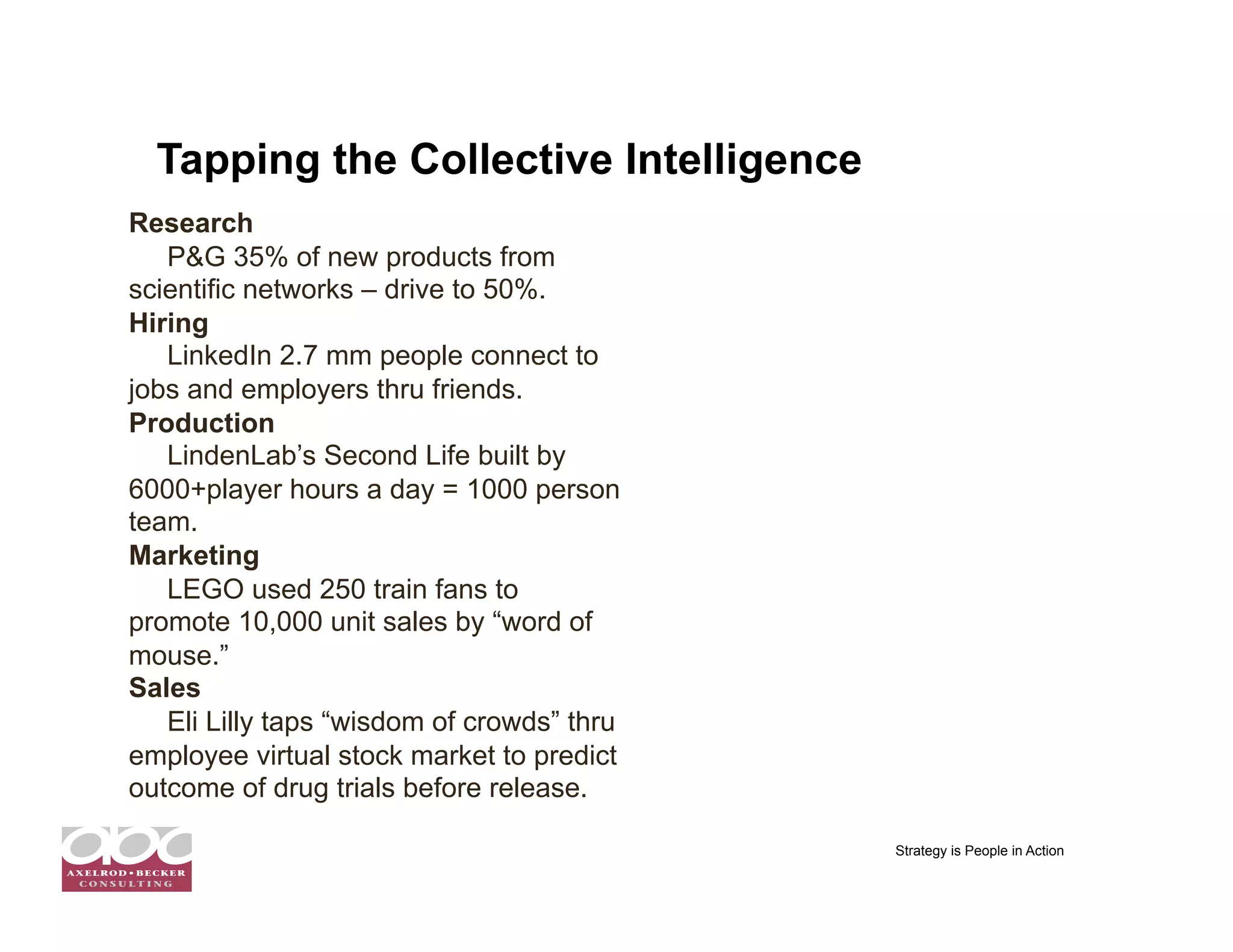 Tapping the Collective Intelligence
Research
   P&G 35% of new products from
scientific networks – drive to 50%.
Hiring
   LinkedIn 2.7 mm people connect to
jobs and employers thru friends.
Production
   LindenLab’s Second Life built by
6000+player hours a day = 1000 person
team.
Marketing
   LEGO used 250 train fans to
promote 10,000 unit sales by “word of
mouse.”
Sales
   Eli Lilly taps “wisdom of crowds” thru
employee virtual stock market to predict
outcome of drug trials before release.

                                            Strategy is People in Action
 