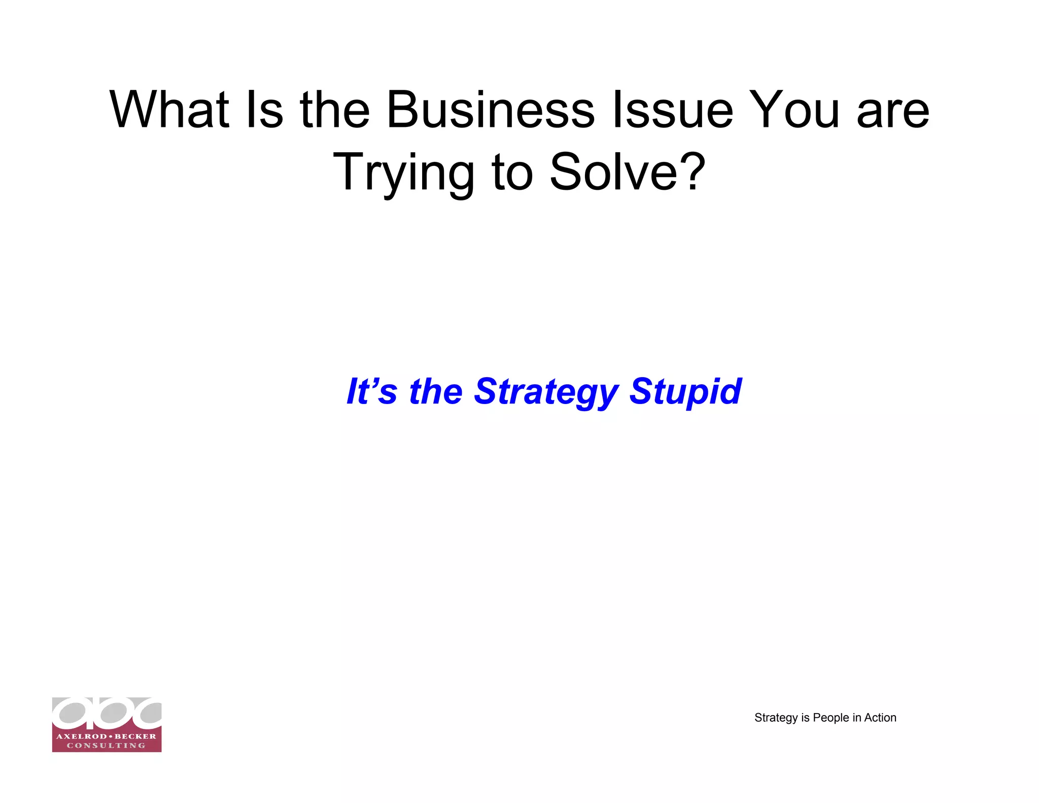 What Is the Business Issue You are
          Trying to Solve?



         It’s the Strategy Stupid




                                    Strategy is People in Action
 