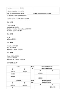 - Imóveis ------------------ 1000.000

- Móveis e utensílios –------- 1.700
TOTAL --------------------- 142.000            TOTAL --------------------- 142.000
29) Observe os eventos a seguir...

Capital social: 2 x 100.000 = 200.000

Dia 24/01

Caixa: 30.000
Mercadoria: 60.000
Capital a Realizar (integralizar): 110.000
a Capital Social: 200.000

Dia 25/01

BCM
a Caixa: 20.000

Dia 26.01

Veículos: 140.000
a BCM: 20.000
a Títulos a pagar: 120.000

Dia 30/01

Caixa (40%): 40.000
Clientes: 60.000
a Receita de Vendas: 100.000

LIVRO RAZÃO

                    Caixa                    Cai               Capital a Realizar
                                             xa                Capital a Realizar
           D                           C
                                                           D                         C
       30.000                    20.000
                                                       100.000
       40.000
       50.000
                                                       100.000
                   Estoque                 Esto                  Capital Social
                                           que                   Capital Social
           D                           C
                                                           D                         C
       60.000                    60.000
                                                                                200.000
           0
 