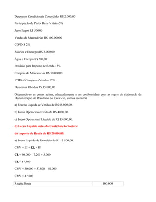 Descontos Condicionais Concedidos R$ 2.000,00

Participação de Partes Beneficiárias 5%

Juros Pagos R$ 500,00

Vendas de Mercadorias R$ 100.000,00

COFINS 2%

Salários e Encargos R$ 3.000,00

Água e Energia R$ 200,00

Provisão para Imposto de Renda 15%

Compras de Mercadorias R$ 50.000,00

ICMS s/ Compras e Vendas 12%

Descontos Obtidos R$ 15.000,00

Ordenando-se as contas acima, adequadamente e em conformidade com as regras de elaboração da
Demonstração do Resultado do Exercício, vamos encontrar

a) Receita Líquida de Vendas de R$ 48.000,00.

b) Lucro Operacional Bruto de R$ 4.000,00.

c) Lucro Operacional Líquido de R$ 15.000,00.

d) Lucro Líquido antes da Contribuição Social e

do Imposto de Renda de R$ 20.000,00.

e) Lucro Líquido do Exercício de R$ 13.500,00.

CMV = EI + CL - EF

CL = 60.000 – 7.200 + 5.000

CL = 57.800

CMV = 30.000 + 57.800 – 40.000

CMV = 47.800

Receita Bruta                                                  100.000
 