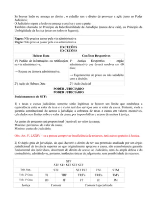 Se houver lesão ou ameaça ao direito , o cidadão tem o direito de provocar a ação junto ao Poder
Judiciário;
O Judiciário separa a lesão ou ameaça e analisa o caso a parte;
Também chamado de Princípio da Indeclinabilidade da Jurisdição (nunca deve cair), ou Princípio da
Umbigüidade da Justiça (estar em todos os lugares);

Regra: Não precisa passar pela via administrativa
Regra: Não precisa passar pela via administrativa
                                       EXCEÇÕES
                                       EXCEÇÕES
                  Habeas Data                           Conflitos Desportivos
1º) Pedido de informações ou retificações 1º    Justiça   Desportiva     –    orgão
na via administrativa;                    administrativo que deverá resolver em 60
                                          dias;
→ Recusa ou demora administrativa.
                                          → Esgotamento do prazo ou não satisfeito
                                          com a decisão.
2º) Ação de Habeas Data                       2º) Ação Judicial
                                 PODER JUDICIÁRIO
                                 PODER JUDICIÁRIO
Posicionamento do STF:

1) s taxas e custas judiciárias somente serão legítimas se houver um limite que estabeleça a
equivalência entre o valor da taxa e o custo real dos serviços com o valor da causa. Portanto, viola a
garantia constitucional do acesso à jurisdição a cobrança de taxas e custas em valores excessivos,
calculados sem limites sobre o valor da causa, por impossibilitar o acesso de muitos à justiça.

As custas do processo será proporcional (razoável) ao valor da causa;
Máximo: percentual do valor da causa;
Mínimo: custas do Judiciário;

Obs: Art. 5º, LXXIV – se a pessoa comprovar insuficiência de recursos, terá acesso gratuito à Justiça.

2) O duplo grau de jurisdição, do qual decorre o direito de ter sua pretensão analisada por um órgão
jurisdicional de instância superior ao que originalmente apreciou a causa, não consubstancia garantia
fundamental dos indivíduos, decorrente do direito de acesso ao Judiciário, nem da ampla defesa e do
contraditório, admitindo-se, portanto, instâncias únicas de julgamento, sem possibilidade de recursos.

                                         STF
                                 STF STF STF STF STF
    Trib. Sup..                  STJ               STJ TST        TSE            STM
   Trib. 2º Grau          TJ            TRF         TRT's         TRE's          TM's
   Trib. 1º Grau          JD            JF            JT           JE            JM
     Justiça                    Comum                      Comum Especializada
 