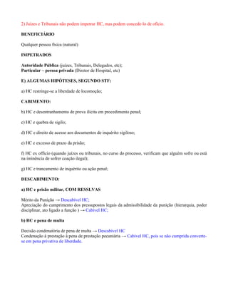 2) Juízes e Tribunais não podem impetrar HC, mas podem concede-lo de ofício.

BENEFICIÁRIO

Qualquer pessoa física (natural)

IMPETRADOS

Autoridade Pública (juízes, Tribunais, Delegados, etc);
Particular – pessoa privada (Diretor de Hospital, etc)

E) ALGUMAS HIPÓTESES, SEGUNDO STF:

a) HC restringe-se a liberdade de locomoção;

CABIMENTO:

b) HC e desentranhamento de prova ilícita em procedimento penal;

c) HC e quebra de sigilo;

d) HC e direito de acesso aos documentos de inquérito sigiloso;

e) HC e excesso de prazo da prisão;

f) HC ex officio (quando juízes ou tribunais, no curso do processo, verificam que alguém sofre ou está
na iminência de sofrer coação ilegal);

g) HC e trancamento de inquérito ou ação penal;

DESCABIMENTO:

a) HC e prisão militar, COM RESSLVAS

Mérito da Punição → Descabível HC;
Apreciação do cumprimento dos pressupostos legais da admissibilidade da punição (hierarquia, poder
disciplinar, ato ligado a função ) → Cabível HC;

b) HC e pena de multa

Decisão condenatória de pena de multa → Descabível HC
Condenação à prestação à pena de prestação pecuniária → Cabível HC, pois se não cumprida converte-
se em pena privativa de liberdade.
 