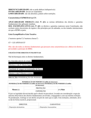 IRRENUNCIABILIDADE: não se pode abdicar (indisponíveis)
INVIOLABILIDADE: devem ser respeitados;
LIMITABILIDADE: não são absolutos, podem sofrer restrições.

Características EXPRESSAS na CF:

APLICABILIDADE IMEDIATA (Art. 5º, §1): as normas definidoras dos direitos e garantias
fundamentais têm aplicação imediata;
ROL EXEMPLIFICATIVO (Art. 5º, §2): os direitos e garantias expressos nesta Constituição, não
excluem outros decorrentes do regime e dos princípios por ela adotadas, ou dos tratados internacionais
em que a RFBR se parte.

Lista Exemplificativa Lista Taxativa

(“numerus apertus”) (“numerus clausus”)

CF + LEI APENAS CF

Obs: não são todos os direitos fundamentais que possuem estas características (ex: abdicar do direito a
privacidade e participar do BBB)

COLISÃO ENTRE DIREITOS FUNDAMENTAIS

Não há hierarquia entre os direitos fundamentais;

Ex: Gravidez através de estupro

(Direitoa a vida X Aborto legal)

Transfusão de sangue em testemunho de Geova

(Direito a vida X Direito a crença)

SOLUÇÃO: PONDERAÇÃO DE PODERES

              PONDERAÇÃO DE PODERES (Conflito de interesses)
PONDERAÇÃO DE PODERES (Conflito de interesses) PONDERAÇÃO DE PODERES (Conflito
                                de interesses)
                                      PROTEÇÃO
      Menos (-)                                                         (+) Mais
                                      EXPOSIÇÃO
O juiz ou legislador deverá decidir qual o direito irá prevalecer, levando em consideração a regra da
máxima observância dos direitos fundamentais envolvidos, congugando-a com sua mínima restrição;
Na ponderação, restringe-se um direito em prol do outro que se opõe. Esta restrições, entretanto, deve
se dar de forma razoável, proporcional.

                 DIREITOS                                   GARANTIAS
- Disposições declaratórias                - Disposições Assecuratórias
 