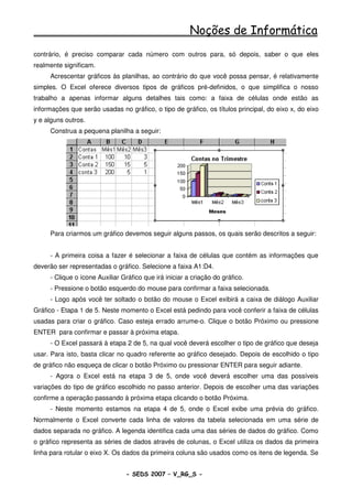 Noções de Informática
contrário, é preciso comparar cada número com outros para, só depois, saber o que eles
realmente significam.
     Acrescentar gráficos às planilhas, ao contrário do que você possa pensar, é relativamente
simples. O Excel oferece diversos tipos de gráficos pré-definidos, o que simplifica o nosso
trabalho a apenas informar alguns detalhes tais como: a faixa de células onde estão as
informações que serão usadas no gráfico, o tipo de gráfico, os títulos principal, do eixo x, do eixo
y e alguns outros.
     Construa a pequena planilha a seguir:




     Para criarmos um gráfico devemos seguir alguns passos, os quais serão descritos a seguir:


     - A primeira coisa a fazer é selecionar a faixa de células que contém as informações que
deverão ser representadas o gráfico. Selecione a faixa A1:D4.
     - Clique o ícone Auxiliar Gráfico que irá iniciar a criação do gráfico.
     - Pressione o botão esquerdo do mouse para confirmar a faixa selecionada.
     - Logo após você ter soltado o botão do mouse o Excel exibirá a caixa de diálogo Auxiliar
Gráfico - Etapa 1 de 5. Neste momento o Excel está pedindo para você conferir a faixa de células
usadas para criar o gráfico. Caso esteja errado arrume-o. Clique o botão Próximo ou pressione
ENTER para confirmar e passar à próxima etapa.
     - O Excel passará à etapa 2 de 5, na qual você deverá escolher o tipo de gráfico que deseja
usar. Para isto, basta clicar no quadro referente ao gráfico desejado. Depois de escolhido o tipo
de gráfico não esqueça de clicar o botão Próximo ou pressionar ENTER para seguir adiante.
     - Agora o Excel está na etapa 3 de 5, onde você deverá escolher uma das possíveis
variações do tipo de gráfico escolhido no passo anterior. Depois de escolher uma das variações
confirme a operação passando à próxima etapa clicando o botão Próxima.
     - Neste momento estamos na etapa 4 de 5, onde o Excel exibe uma prévia do gráfico.
Normalmente o Excel converte cada linha de valores da tabela selecionada em uma série de
dados separada no gráfico. A legenda identifica cada uma das séries de dados do gráfico. Como
o gráfico representa as séries de dados através de colunas, o Excel utiliza os dados da primeira
linha para rotular o eixo X. Os dados da primeira coluna são usados como os itens de legenda. Se


                                - SEDS 2007 – V_RG_S -                                     103
 