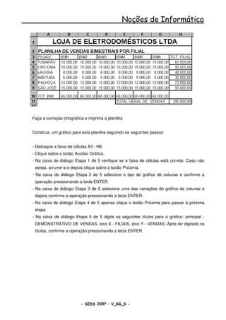 Noções de Informática




Faça a correção ortográfica e imprima a planilha.


Construa um gráfico para esta planilha seguindo os seguintes passos:


- Destaque a faixa de células A3 : H9.
- Clique sobre o botão Auxiliar Gráfico.
- Na caixa de diálogo Etapa 1 de 5 verifique se a faixa de células está correta. Caso não
 esteja, arrume-a e depois clique sobre o botão Próxima.
- Na caixa de diálogo Etapa 2 de 5 selecione o tipo de gráfico de colunas e confirme a
 operação pressionando a tecla ENTER.
- Na caixa de diálogo Etapa 3 de 5 selecione uma das variações do gráfico de colunas e
 depois confirme a operação pressionando a tecla ENTER.
- Na caixa de diálogo Etapa 4 de 5 apenas clique o botão Próxima para passar à próxima
 etapa.
- Na caixa de diálogo Etapa 5 de 5 digite os seguintes títulos para o gráfico: principal -
 DEMONSTRATIVO DE VENDAS, eixo X - FILIAIS, eixo Y - VENDAS. Após ter digitado os
 títulos, confirme a operação pressionando a tecla ENTER.




                          - SEDS 2007 – V_RG_S -                                  106
 