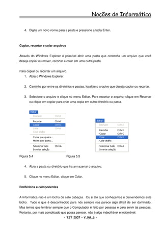 Noções de Informática

   4. Digite um novo nome para a pasta e pressione a tecla Enter.




Copiar, recortar e colar arquivos


Através do Windows Explorer é possível abrir uma pasta que contenha um arquivo que você
deseja copiar ou mover, recortar e colar em uma outra pasta.


Para copiar ou recortar um arquivo.
   1. Abra o Windows Explorer.


   2. Caminhe por entre os diretórios e pastas, localize o arquivo que deseja copiar ou recortar.


   3. Selecione o arquivo e clique no menu Editar. Para recortar o arquivo, clique em Recortar
       ou clique em copiar para criar uma copia em outro diretório ou pasta.




Figura 5.4                          Figura 5.5


   4. Abra a pasta ou diretório que ira armazenar o arquivo.


   5. Clique no menu Editar, clique em Colar.


Periféricos e componentes


A Informática não é um bicho de sete cabeças. Ou é até que conheçamos e desvendemos este
bicho. Tudo o que é desconhecido para nós sempre nos parece algo difícil de ser dominado.
Mas temos que lembrar sempre que o Computador é feito por pessoas e para servir às pessoas.
Portanto, por mais complicado que possa parecer, não é algo indecifrável e indomável.
                                - TST 2007 – V_RG_S -                                     15
 