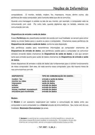 Noções de Informática
computadores.    O monitor, teclado, modem, fax, impressora, mouse, dentre outros, são
periféricos de nosso computador, pois é através deles que ele se comunica.

Quando uma mensagem é exibida na tela de seu monitor, por exemplo, o computador está se
comunicando com você.       Por outro lado, quando digitamos algo no teclado, estamos nos
comunicando com ele.



Dispositivos de entrada e saída de dados

Esses Periféricos são classificados também de acordo com sua finalidade: se servem para entrar
dados ou enviar dados para o usuário ou para o computador. Chamamos esses periféricos de
Dispositivos de entrada e saída de dados, conforme esta disposição.

Aos periféricos usados para transmitirmos informações ao computador chamamos de
Dispositivos de entrada de dados; aos periféricos usados para o computador se comunicar
conosco enviando dados chamamos de Dispositivos de saída de dados; e aos que servem
tanto para entrada quanto para saída de dados chamamos de Dispositivos de entrada e saída
de dados.

Esses dispositivos de entrada e saída de dados são fundamentais para o correto funcionamento
de nosso computador. Sem eles, de nada serviria nosso computador, pois não haveria meios de
nos comunicarmos com ele.


DISPOSITIVO:                          TIPO DE COMUNICAÇÃO DE DADOS :
modem / fax                           entrada e saída de dados
monitor ou vídeo                      saída de dados
impressora                            saída de dados
teclado                               entrada de dados
scanner                               entrada de dados
mouse, trackball, mousetouch          entrada de dados
microfone para multimídia             entrada de dados


Modem

O Modem é um acessório responsável por realizar a comunicação de dados entre seu
computador e outro computador ou a Internet através da linha telefônica. Seu nome vem de sua
finalidade: Modulador/Demodulador de sinais.




         O Modem conecta-se ao computador e à linha telefõnica, através de
         uma placa específica para realizar a modulação. Os modems atuais são
         internos ao computador, sendo uma placa adicionada à placa-mãe.


                                - TST 2007 – V_RG_S -                                  24
 