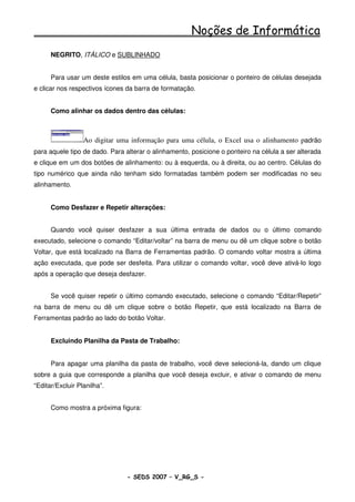 Noções de Informática
      NEGRITO, ITÁLICO e SUBLINHADO


      Para usar um deste estilos em uma célula, basta posicionar o ponteiro de células desejada
e clicar nos respectivos ícones da barra de formatação.


      Como alinhar os dados dentro das células:



                  Ao digitar uma informação para uma célula, o Excel usa o alinhamento padrão
para aquele tipo de dado. Para alterar o alinhamento, posicione o ponteiro na célula a ser alterada
e clique em um dos botões de alinhamento: ou à esquerda, ou à direita, ou ao centro. Células do
tipo numérico que ainda não tenham sido formatadas também podem ser modificadas no seu
alinhamento.


      Como Desfazer e Repetir alterações:


      Quando você quiser desfazer a sua última entrada de dados ou o último comando
executado, selecione o comando “Editar/voltar” na barra de menu ou dê um clique sobre o botão
Voltar, que está localizado na Barra de Ferramentas padrão. O comando voltar mostra a última
ação executada, que pode ser desfeita. Para utilizar o comando voltar, você deve ativá-lo logo
após a operação que deseja desfazer.


      Se você quiser repetir o último comando executado, selecione o comando “Editar/Repetir”
na barra de menu ou dê um clique sobre o botão Repetir, que está localizado na Barra de
Ferramentas padrão ao lado do botão Voltar.


      Excluindo Planilha da Pasta de Trabalho:


      Para apagar uma planilha da pasta de trabalho, você deve selecioná-la, dando um clique
sobre a guia que corresponde a planilha que você deseja excluir, e ativar o comando de menu
“Editar/Excluir Planilha”.


      Como mostra a próxima figura:




                                - SEDS 2007 – V_RG_S -                                    83
 