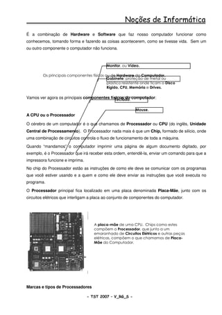 Noções de Informática
É a combinação de Hardware e Software que faz nosso computador funcionar como
conhecemos, tomando forma e fazendo as coisas acontecerem, como se tivesse vida. Sem um
ou outro componente o computador não funciona.



                                           Monitor, ou Vídeo.

        Os principais componentes físicos ou de Hardware do Computador.
                                           Gabinete: proteção de metal ou
                                           plástico resistente onde ficam o Disco
                                           Rígido, CPU, Memória e Drives.

Vamos ver agora os principais componentes físicos do computador:
                                             Teclado.

                                                           Mouse.
A CPU ou o Processador

O cérebro de um computador é o que chamamos de Processador ou CPU (do inglês, Unidade
Central de Processamento). O Processador nada mais é que um Chip, formado de silício, onde
uma combinação de circuitos controla o fluxo de funcionamento de toda a máquina.

Quando “mandamos” o computador imprimir uma página de algum documento digitado, por
exemplo, é o Processador que irá receber esta ordem, entendê-la, enviar um comando para que a
impressora funcione e imprima.
No chip do Processador estão as instruções de como ele deve se comunicar com os programas
que você estiver usando e a quem e como ele deve enviar as instruções que você executa no
programa.

O Processador principal fica localizado em uma placa denominada Placa-Mãe, junto com os
circuitos elétricos que interligam a placa ao conjunto de componentes do computador.




                                    A placa-mãe de uma CPU. Chips como estes
                                    compõem o Processador, que junto a um
                                    emaranhado de Circuitos Elétricos e outras peças
                                    elétricas, compôem o que chamamos de Placa-
                                    Mãe do Computador.




Marcas e tipos de Processadores

                                 - TST 2007 – V_RG_S -                                 18
 