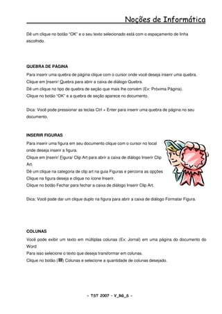 Noções de Informática
Dê um clique no botão “OK” e o seu texto selecionado está com o espaçamento de linha
escolhido.




QUEBRA DE PÁGINA
Para inserir uma quebra de página clique com o cursor onde você deseja inserir uma quebra.
Clique em Inserir/ Quebra para abrir a caixa de diálogo Quebra.
Dê um clique no tipo de quebra de seção que mais lhe convém (Ex: Próxima Página).
Clique no botão “OK” e a quebra de seção aparece no documento.


Dica: Você pode pressionar as teclas Ctrl + Enter para inserir uma quebra de página no seu
documento.



INSERIR FIGURAS
Para inserir uma figura em seu documento clique com o cursor no local
onde deseja inserir a figura.
Clique em Inserir/ Figura/ Clip Art para abrir a caixa de diálogo Inserir Clip
Art.
Dê um clique na categoria de clip art na guia Figuras e percorra as opções
Clique na figura deseja e clique no ícone Inserir.
Clique no botão Fechar para fechar a caixa de diálogo Inserir Clip Art.


Dica: Você pode dar um clique duplo na figura para abrir a caixa de diálogo Formatar Figura.




COLUNAS
Você pode exibir um texto em múltiplas colunas (Ex: Jornal) em uma página do documento do
Word
Para isso selecione o texto que deseja transformar em colunas.
Clique no botão (   ) Colunas e selecione a quantidade de colunas desejado.




                                  - TST 2007 – V_RG_S -                                   40
 