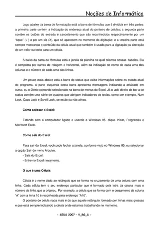Noções de Informática
     Logo abaixo da barra de formatação está a barra de fórmulas que é dividida em três partes:
a primeira parte contém a indicação do endereço atual do ponteiro de células; a segunda parte
contém os botões de entrada e cancelamento que são reconhecidos respectivamente por um
“tique” (√ ) e por um xís (X), que só aparecem no momento da digitação; e a terceira parte está
sempre mostrando o conteúdo da célula atual que também é usada para a digitação ou alteração
de um valor ou texto para um célula.


     A baixo da barra de fórmulas está a janela da planilha na qual criamos nossas tabelas. Ela
é composta por barras de rolagem e horizontal, além da indicação do nome de cada uma das
colunas e o número de cada uma das linhas.


     Um pouco mais abaixo está a barra de status que exibe informações sobre os estado atual
do programa. A parte esquerda desta barra apresenta mensagens indicando a atividade em
curso, ou o último comando selecionado na barra de menus do Excel. Já o lado direito da bar a de
status contém uma série de quadros que abrigam indicadores de teclas, como por exemplo, Num
Lock, Caps Lock e Scroll Lock, se estão ou não ativas.


     Como acessar o Excel:


     Estando com o computador ligado e usando o Windows 95, clique Inicar, Programas e
Microsoft Excel.


     Como sair do Excel:


     Para sair do Excel, você pode fechar a janela, conforme visto no Windows 95, ou selecionar
a opção Sair do menu Arquivo.
     - Saia do Excel.
     - Entre no Excel novamente.


     O que é uma Célula:


     Célula é o nome dado ao retângulo que se forma no cruzamento de uma coluna com uma
linha. Cada célula tem o seu endereço particular que é formado pela letra da coluna mais o
número da linha que a originou. Por exemplo, a célula que se forma com o cruzamento da coluna
“A” com a linha 10 é reconhecida pela endereço “A10”.
     O ponteiro de célula nada mais é do que aquele retângulo formado por linhas mais grossas
e que está sempre indicando a célula onde estamos trabalhando no momento.


                                - SEDS 2007 – V_RG_S -                                  76
 
