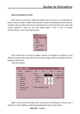 Noções de Informática

     Retorno Automático do Texto:


     Esse recurso faz com que a célula seja tratada como uma linha de um processador de
textos, ou seja, ao atingir a margem direita da célula, a palavra é deslocada para alinha seguinte,
mudando a altura da célula de forma que acomode mais de uma linha de texto. Para utilizar este
recurso, selecione a célula em que você deseja digitar o texto, e ative o comando
“formatar/células”, como mostra a figura abaixo:




     Este comando abre uma caixa de diálogo referente a formatação do conteúdo de uma
célula. Dê um clique sobre a guia Alinhamento, e marque a opção “Retorno automático de texto” e
pressione o botão de Ok.
     Veja a figura abaixo:




     Digite o mesmo texto do exemplo acima na célula que você selecionou e observe que ,a
medida que o texto é digitado, as palavras são deslocadas, veja o exemplo abaixo:

                                - SEDS 2007 – V_RG_S -                                    79
 