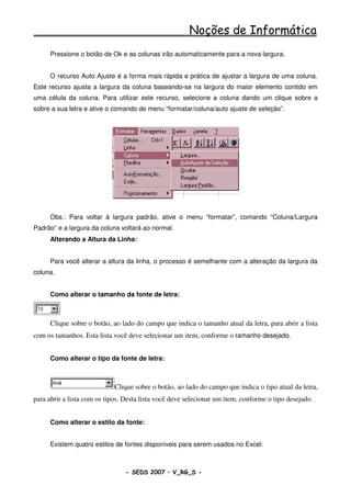 Noções de Informática
     Pressione o botão de Ok e as colunas irão automaticamente para a nova largura.


     O recurso Auto Ajuste é a forma mais rápida e prática de ajustar a largura de uma coluna.
Este recurso ajusta a largura da coluna baseando-se na largura do maior elemento contido em
uma célula da coluna. Para utilizar este recurso, selecione a coluna dando um clique sobre a
sobre a sua letra e ative o comando de menu “formatar/coluna/auto ajuste de seleção”.




     Obs.: Para voltar à largura padrão, ative o menu “formatar”, comando “Coluna/Largura
Padrão” e a largura da coluna voltará ao normal.
     Alterando a Altura da Linha:


     Para você alterar a altura da linha, o processo é semelhante com a alteração da largura da
coluna.


     Como alterar o tamanho da fonte de letra:



     Clique sobre o botão, ao lado do campo que indica o tamanho atual da letra, para abrir a lista
com os tamanhos. Esta lista você deve selecionar um item, conforme o tamanho desejado.


     Como alterar o tipo da fonte de letra:



                             Clique sobre o botão, ao lado do campo que indica o tipo atual da letra,
para abrir a lista com os tipos. Desta lista você deve selecionar um item, conforme o tipo desejado.


     Como alterar o estilo da fonte:


     Existem quatro estilos de fontes disponíveis para serem usados no Excel:



                                 - SEDS 2007 – V_RG_S -                                      82
 