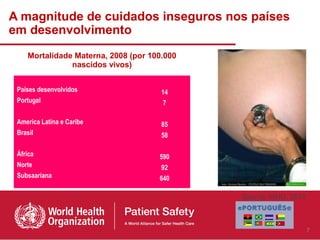 A magnitude de cuidados inseguros nos países
em desenvolvimento
    Mortalidade Materna, 2008 (por 100.000
               nascidos vivos)


 Países desenvolvidos                 14
 Portugal                             7

 America Latina e Caribe              85
 Brasil                               58

 África                              590
 Norte                                92
 Subsaariana                         640

                                             Source: WHO, 2010



                                                                 7
 