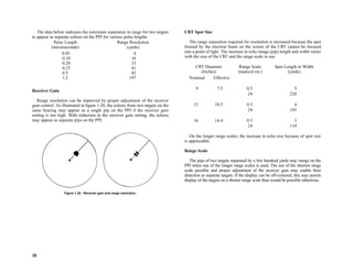 28
The data below indicates the minimum separation in range for two targets
to appear as separate echoes on the PPI for various pulse lengths.
Receiver Gain
Range resolution can be improved by proper adjustment of the receiver
gain control. As illustrated in figure 1.20, the echoes from two targets on the
same bearing may appear as a single pip on the PPI if the receiver gain
setting is too high. With reduction in the receiver gain setting, the echoes
may appear as separate pips on the PPI.
CRT Spot Size
The range separation required for resolution is increased because the spot
formed by the electron beam on the screen of the CRT cannot be focused
into a point of light. The increase in echo image (pip) length and width varies
with the size of the CRT and the range scale in use.
On the longer range scales, the increase in echo size because of spot size
is appreciable.
Range Scale
The pips of two targets separated by a few hundred yards may merge on the
PPI when one of the longer range scales is used. The use of the shortest range
scale possible and proper adjustment of the receiver gain may enable their
detection as separate targets. If the display can be off-centered, this may permit
display of the targets on a shorter range scale than would be possible otherwise.
Pulse Length
(microseconds)
Range Resolution
(yards)
0.05 8
0.10 16
0.20 33
0.25 41
0.5 82
1.2 197
Figure 1.20 - Receiver gain and range resolution.
CRT Diameter
(Inches)
Range Scale
(nautical mi.)
Spot Length or Width
(yards)
Nominal Effective
9 7.5 0.5 5
24 220
12 10.5 0.5 4
24 185
16 14.4 0.5 3
24 134
 