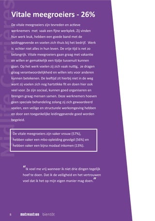 De vitale meegroeiers zijn tevreden en ac�eve
werknemers met vaak een ﬁjne werkplek. Zij vinden
hun werk leuk, hebben een goede band met de
leidinggevende en voelen zich thuis bij het bedrijf. Werk
is echter niet alles in hun leven. De vrije �jd is net zo
belangrijk. Vitale meegroeiers gaan graag met vakan�e
en willen er gemakkelijk een �jdje tussenuit kunnen
gaan. Op het werk voelen zij zich vaak nu�g, ze dragen
graag verantwoordelijkheid en willen iets voor anderen
kunnen betekenen. De lee�ijd zit hierbij niet in de weg
want zij voelen zich nog harts�kke ﬁt en doen hier ook
veel voor. Ze zijn sociaal, kunnen goed organiseren en
brengen graag mensen samen. Deze werknemers hoeven
geen speciale behandeling zolang zij zich gewaardeerd
voelen, een veilige en structurele werkomgeving hebben
en door een toegankelijke leidinggevende goed worden
begeleid.
Vitale meegroeiers - 26%
De vitale meegroeiers zijn vaker vrouw (57%),
hebben vaker een mbo-opleiding gevolgd (56%) en
hebben vaker een bijna modaal inkomen (13%).
8
“Ik voel me vrij wanneer ik niet drie dingen tegelijk
hoef te doen. Dat ik de veiligheid en het vertrouwen
voel dat ik het op mijn eigen manier mag doen.”
 