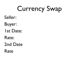 Currency Swap
Seller:
Buyer:
1st Date:
Rate:
2nd Date
Rate
 