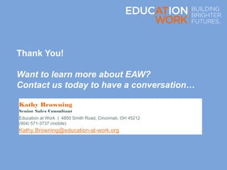 Thank You!
Want to learn more about EAW?
Contact us today to have a conversation…
Kathy Browning
Senior Sales Consultant
Education at Work  |  4850 Smith Road, Cincinnati, OH 45212
(904) 571-3737 (mobile)  
Kathy.Browning@education-at-work.org
 