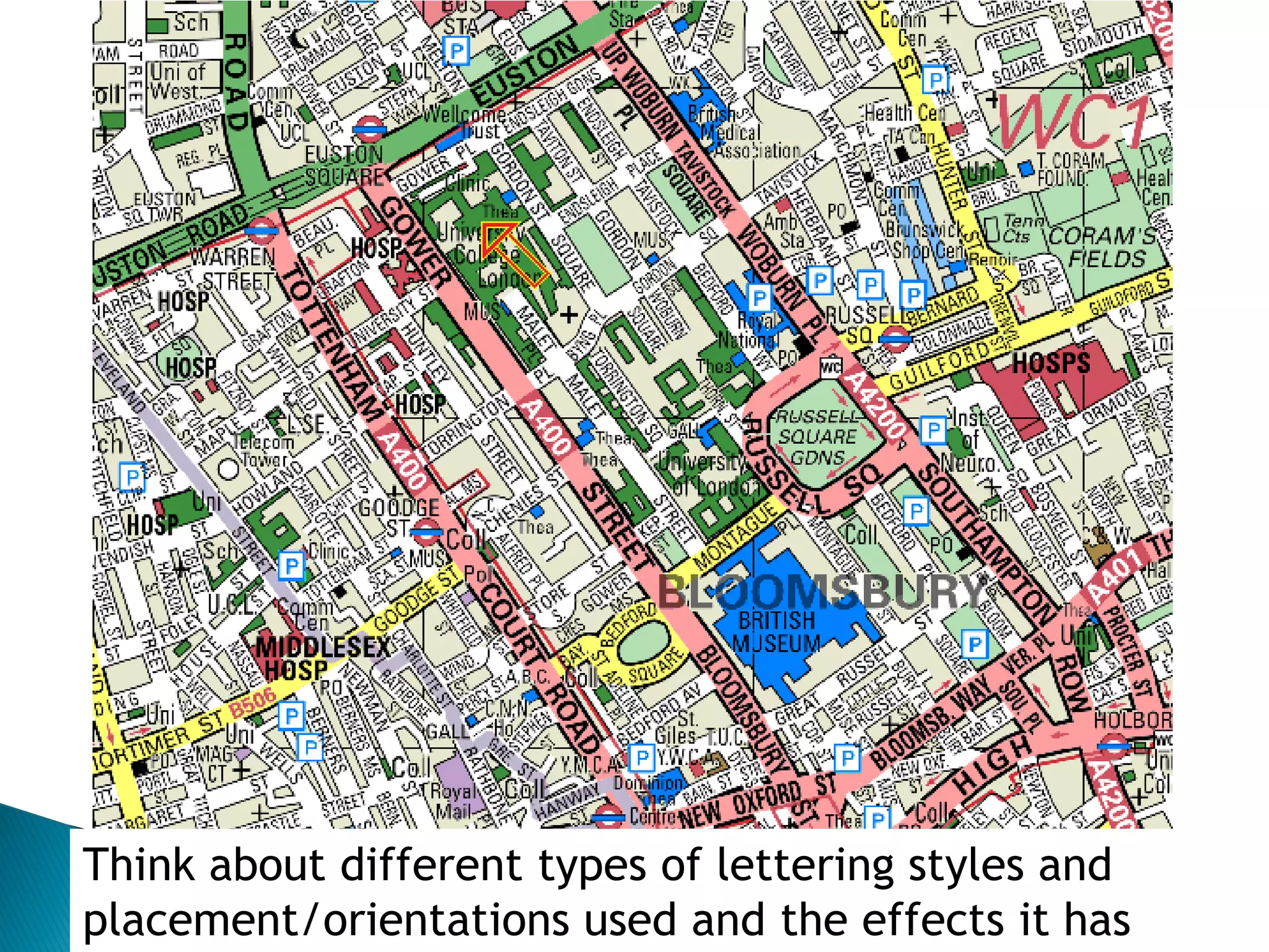 Think about different types of lettering styles and placement/orientations used and the effects it has  