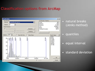 •natural breaks (Jenks method) 
•quantiles 
•equal interval 
•standard deviation  