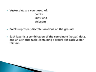 Vector data are composed of: 
points, 
lines, and 
polygons 
Points represent discrete locations on the ground. 
Each layer is a combination of the coordinate (vector) data, and an attribute table containing a record for each vector feature.  