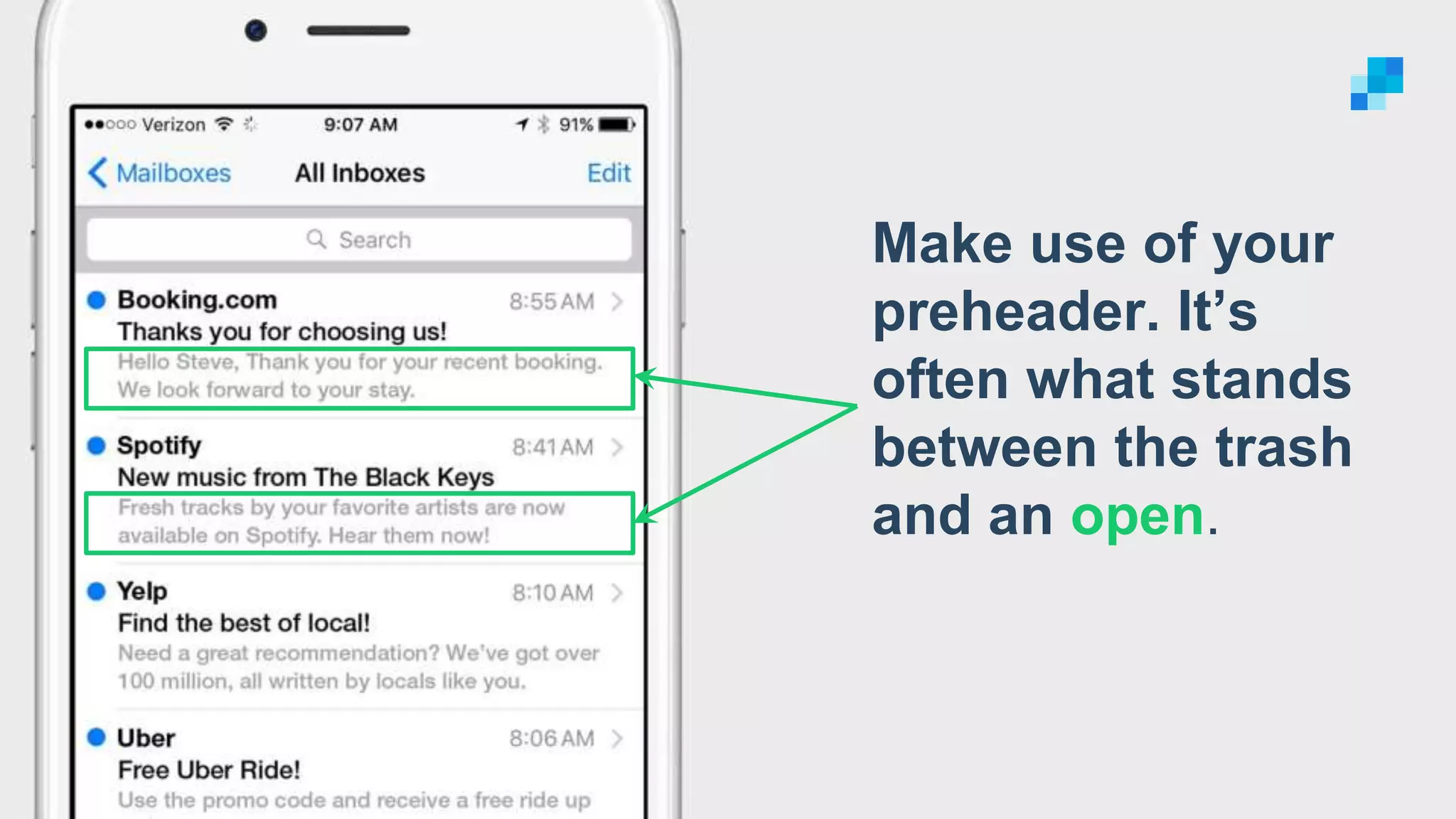 Make use of your
preheader. It’s
often what stands
between the trash
and an open.
 