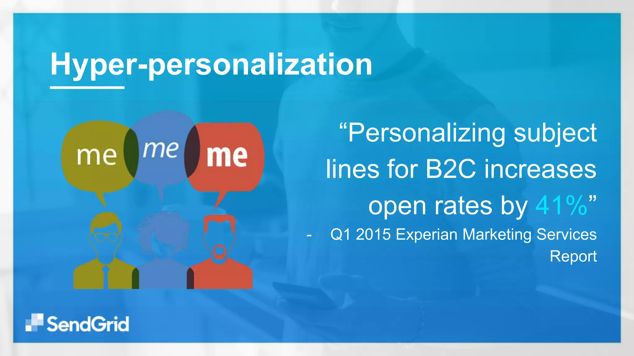 Hyper-personalization
“Personalizing subject
lines for B2C increases
open rates by 41%”
- Q1 2015 Experian Marketing Services
Report
 