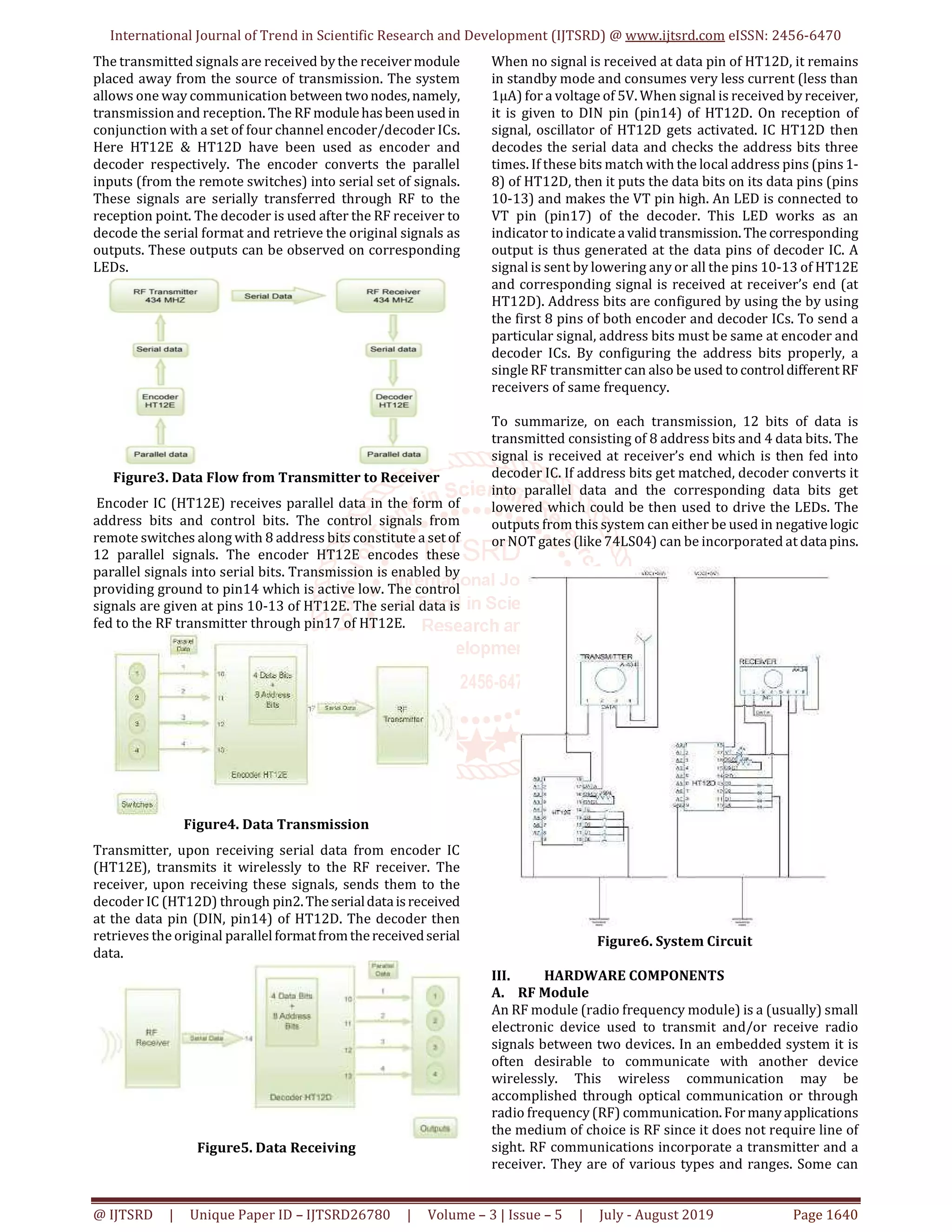 International Journal of Trend in Scientific Research and Development (IJTSRD) @ www.ijtsrd.com eISSN: 2456-6470 @ IJTSRD | Unique Paper ID – IJTSRD26780 | Volume – 3 | Issue – 5 | July - August 2019 Page 1640 The transmitted signals are received by the receivermodule placed away from the source of transmission. The system allows one way communication between twonodes,namely, transmission and reception. The RF modulehasbeenused in conjunction with a set of four channel encoder/decoder ICs. Here HT12E & HT12D have been used as encoder and decoder respectively. The encoder converts the parallel inputs (from the remote switches) into serial set of signals. These signals are serially transferred through RF to the reception point. The decoder is used after the RF receiver to decode the serial format and retrieve the original signals as outputs. These outputs can be observed on corresponding LEDs. Figure3. Data Flow from Transmitter to Receiver Encoder IC (HT12E) receives parallel data in the form of address bits and control bits. The control signals from remote switches along with 8 address bits constitute a setof 12 parallel signals. The encoder HT12E encodes these parallel signals into serial bits. Transmission is enabled by providing ground to pin14 which is active low. The control signals are given at pins 10-13 of HT12E. The serial data is fed to the RF transmitter through pin17 of HT12E. Figure4. Data Transmission Transmitter, upon receiving serial data from encoder IC (HT12E), transmits it wirelessly to the RF receiver. The receiver, upon receiving these signals, sends them to the decoder IC (HT12D) through pin2.Theserialdataisreceived at the data pin (DIN, pin14) of HT12D. The decoder then retrieves the original parallel formatfromthereceivedserial data. Figure5. Data Receiving When no signal is received at data pin of HT12D, it remains in standby mode and consumes very less current (less than 1μA) for a voltage of 5V. When signal is received by receiver, it is given to DIN pin (pin14) of HT12D. On reception of signal, oscillator of HT12D gets activated. IC HT12D then decodes the serial data and checks the address bits three times. If these bits match with the local address pins (pins1- 8) of HT12D, then it puts the data bits on its data pins (pins 10-13) and makes the VT pin high. An LED is connected to VT pin (pin17) of the decoder. This LED works as an indicator to indicateavalid transmission. The corresponding output is thus generated at the data pins of decoder IC. A signal is sent by lowering any or all the pins 10-13 of HT12E and corresponding signal is received at receiver’s end (at HT12D). Address bits are configured by using the by using the first 8 pins of both encoder and decoder ICs. To send a particular signal, address bits must be same at encoder and decoder ICs. By configuring the address bits properly, a single RF transmitter can also be used tocontroldifferentRF receivers of same frequency. To summarize, on each transmission, 12 bits of data is transmitted consisting of 8 address bits and 4 data bits. The signal is received at receiver’s end which is then fed into decoder IC. If address bits get matched, decoder converts it into parallel data and the corresponding data bits get lowered which could be then used to drive the LEDs. The outputs from this system can either be used in negativelogic or NOT gates (like 74LS04) can be incorporated at datapins. Figure6. System Circuit III. HARDWARE COMPONENTS A. RF Module An RF module (radio frequency module) is a (usually) small electronic device used to transmit and/or receive radio signals between two devices. In an embedded system it is often desirable to communicate with another device wirelessly. This wireless communication may be accomplished through optical communication or through radio frequency (RF) communication.Formanyapplications the medium of choice is RF since it does not require line of sight. RF communications incorporate a transmitter and a receiver. They are of various types and ranges. Some can 
