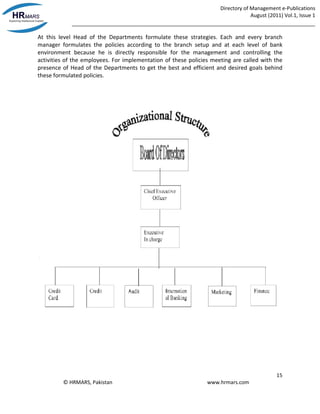 Directory of Management e-Publications
August (2011) Vol.1, Issue 1
_____________________________________________________________________________________
15
© HRMARS, Pakistan www.hrmars.com
At this level Head of the Departments formulate these strategies. Each and every branch
manager formulates the policies according to the branch setup and at each level of bank
environment because he is directly responsible for the management and controlling the
activities of the employees. For implementation of these policies meeting are called with the
presence of Head of the Departments to get the best and efficient and desired goals behind
these formulated policies.
 