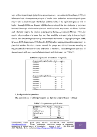 were willing to participate in the focus group interview. According to Greenbaum (1998), it
is better to have a homogeneous group or of similar status and values because the participants
may be able to relate to each other better, and the quality of the inputs they provide will be
higher. Knodel (1984) and Krueger (1994) also mentioned that the similarity is important
because if the topic of discussion concerns sensitive issues, they would be able to facilitate
each other and perceive the situation as perspective sharing. According to Morgan (1988), the
number of groups has to be more than one. Two would be safer especially if they are highly
similar. The size of the group usually implemented is between 6 to 10 people (Morgan, 1988;
Krueger, 1994; Greenbaum, 1998; Knodel, 1984) to allow each participant the opportunity to
give their opinion. Therefore, for this research the groups were divided into two according to
the gender to allow the similar status and values to be shared. Each of the groups consisted of
six participants with ages ranging between twenty and thirty years old (Table 1).

                         Table 1: Respondents divided into two groups.




    ii. Background of respondents
    The qualifications of all the participants are diploma holder or higher (Table 2).

                               Table 2: Respondent’s qualification.




*Corresponding author (Nurul Syala). Tel/Fax: +03-61966219 E-mail addresses:
alnsyala@iium.edu.my.       2012. International Transaction Journal of Engineering,
Management, & Applied Sciences & Technologies.        Volume 3 No.3     ISSN 2228-9860   317
eISSN 1906-9642. Online Available at http://TuEngr.com/V03/311-331.pdf.
 
