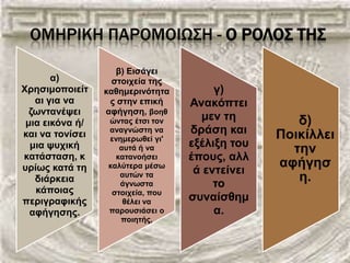 ΟΜΗΡΙΚΗ ΠΑΡΟΜΟΙΩ΢Η - Ο ΡΟΛΟ΢ ΣΗ΢
 :
α)
Φξεζηκνπνηείη
αη γηα λα
δσληαλέςεη
κηα εηθόλα ή/
θαη λα ηνλίζεη
κηα ςπρηθή
θαηάζηαζε, θ
πξίσο θαηά ηε
δηάξθεηα
θάπνηαο
πεξηγξαθηθήο
αθήγεζεο.
β) Δηζάγεη
ζηνηρεία ηεο
θαζεκεξηλόηεηα
ο ζηελ επηθή
αθήγεζε, βνεζ
ώληαο έηζη ηνλ
αλαγλώζηε λα
ελεκεξσζεί γη'
απηά ή λα
θαηαλνήζεη
θαιύηεξα κέζσ
απηώλ ηα
άγλσζηα
ζηνηρεία, πνπ
ζέιεη λα
παξνπζηάζεη ν
πνηεηήο,
γ)
Αλαθόπηεη
κελ ηε
δξάζε θαη
εμέιημε ηνπ
έπνπο, αιι
ά εληείλεη
ην
ζπλαίζζεκ
α.
δ)
Πνηθίιιεη
ηελ
αθήγεζ
ε.
 