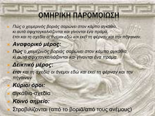 ΟΜΗΡΙΚΗ ΠΑΡΟΜΟΙΩ΢Η
 Πώς ο τεηκερηλός βορηάς ζαρώλεη ζηολ θάκπο αγθάζηα,
θη ασηά ζθητηαγθαιηάδοληαη θαη γίλοληαη έλα πράκα,
έηζη θαη ηε ζτεδία οη άλεκοη εδώ θαη εθεί ηε θέρλαλ θαη ηελ πήγαηλαλ.
 Αναυορικό μέρος:
 Πώς ο τεηκερηλός βορηάς ζαρώλεη ζηολ θάκπο αγθάζηα,
θη ασηά ζθητηαγθαιηάδοληαη θαη γίλοληαη έλα πράκα
 Δεικτικό μέρος:
 έτσι θαη ηε ζτεδία οη άλεκοη εδώ θαη εθεί ηε θέρλαλ θαη ηελ
πήγαηλαλ
 Κύριοι όροι:
 αγκάθια-ζτεδία
 Κοινό σημείο:
 Σηροβιλίδονηαι (από ηο βοριά/από ηοσς ανέμοσς)
 