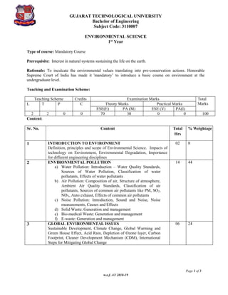 GUJARAT TECHNOLOGICAL UNIVERSITY
Bachelor of Engineering
Subject Code: 3110007
Page 1 of 3
w.e.f. AY 2018-19
ENVIRONMENTAL SCIENCE
1st Year
Type of course: Mandatory Course
Prerequisite: Interest in natural systems sustaining the life on the earth.
Rationale: To inculcate the environmental values translating into pro-conservation actions. Honorable
Supreme Court of India has made it 'mandatory’ to introduce a basic course on environment at the
undergraduate level.
Teaching and Examination Scheme:
Teaching Scheme Credits Examination Marks Total
Marks
L T P C Theory Marks Practical Marks
ESE(E) PA (M) ESE (V) PA(I)
2 2 0 0 70 30 0 0 100
Content:
Sr. No. Content Total
Hrs
% Weightage
1 INTRODUCTION TO ENVIRONMENT
Definition, principles and scope of Environmental Science. Impacts of
technology on Environment, Environmental Degradation, Importance
for different engineering disciplines
02 8
2 ENVIRONMENTAL POLLUTION
a) Water Pollution: Introduction – Water Quality Standards,
Sources of Water Pollution, Classification of water
pollutants, Effects of water pollutants
b) Air Pollution: Composition of air, Structure of atmosphere,
Ambient Air Quality Standards, Classification of air
pollutants, Sources of common air pollutants like PM, SO2,
NOX, Auto exhaust, Effects of common air pollutants
c) Noise Pollution: Introduction, Sound and Noise, Noise
measurements, Causes and Effects
d) Solid Waste: Generation and management
e) Bio-medical Waste: Generation and management
f) E-waste: Generation and management
14 44
3 GLOBAL ENVIRONMENTAL ISSUES
Sustainable Development, Climate Change, Global Warming and
Green House Effect, Acid Rain, Depletion of Ozone layer, Carbon
Footprint, Cleaner Development Mechanism (CDM), International
Steps for Mitigating Global Change
06 24
 