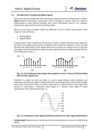 Unit-6. Digital Circuits
Prof. Manoj N. Popat (E.E. & E.C. Dept.) Basic Electronics (3110016) 1
1.1 Introduction to Analog and Digital signals
Electronic systems usually deal with information. Representation of information is called a
signal. Signal in electronics is generally in form of voltage or current. Value of a signal is
proportional to some physical quantity and it gives information about it. For example,
temperature represented in terms of voltage signal.
There are two types of signals which are different in terms of their characteristics with
respect to time and value.
1. Analog Signals
2. Digital Signals
A signal whose value is defined at all instances of time is called continuous time signal. On
the other hand signal whose values are defined only at discrete instances of time is called
discrete time signal. Most of the signals that occur in nature are analog in form. A discrete
time signal can be obtained from continuous time signal by process called sampling. This has
been illustrated in Fig. 1.1.
Fig. 1.1: (a) Continuous time signal x(t) sampled at every T interval, (b) Resulting
discrete time signal x(n)
Similarly if a signal can take any value in a given range between some minimum and
maximum value then the signal is called continuous value signal. On the other hand if a signal
takes only certain fixed values in a given range then it is called discrete value signal. The
process of converting a continuous value signal to a discrete value signal is called
quantization. This is illustrated in Fig. 1.2.
Fig. 1.2: Continuous value signal (solid line) and discrete value signal (dotted line)
Analog signal: Signals that are continuous in time and continuous in value are called analog
signal.
 