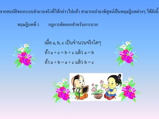 จากสมบัติของระบบจานวนจริงที่ได้กล่าวไปแล้ว สามารถนามาพิสูจน์เป็นทฤษฎีบทต่างๆ ได้ดังนี้
ทฤษฎีบทที่ 1 กฎการตัดออกสาหรับการบวก
เมื่อ a, b, c เป็นจานวนจริงใดๆ
ถ้า a + c = b + c แล้ว a = b
ถ้า a + b = a + c แล้ว b = c
 